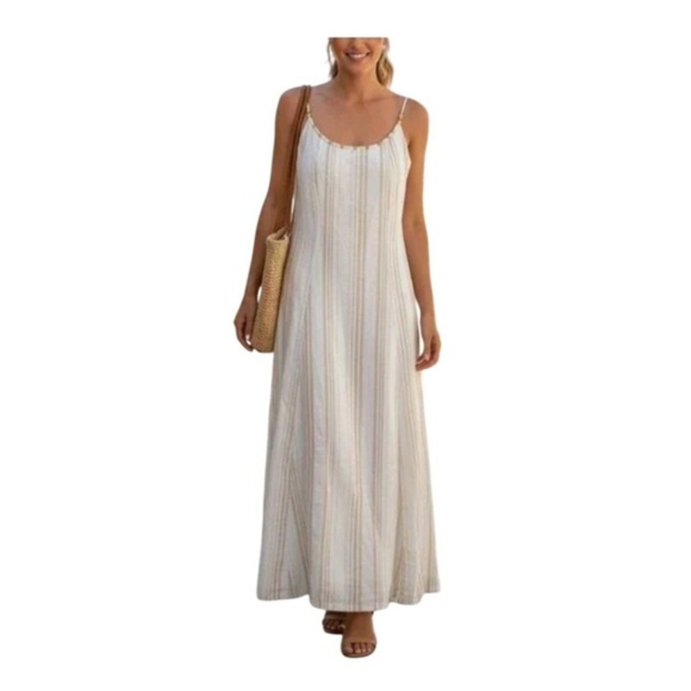 Calypso St. Barth‎ Striped Beaded Linen Blend Maxi Dress Beige White Knit 8